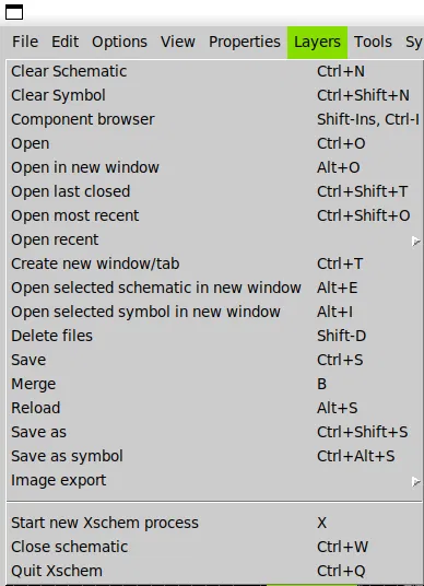 xschem の File メニューを開いた状態。Clear Schematic、Save as、Quit Xschem などの項目とキー割り当てが並んでいる